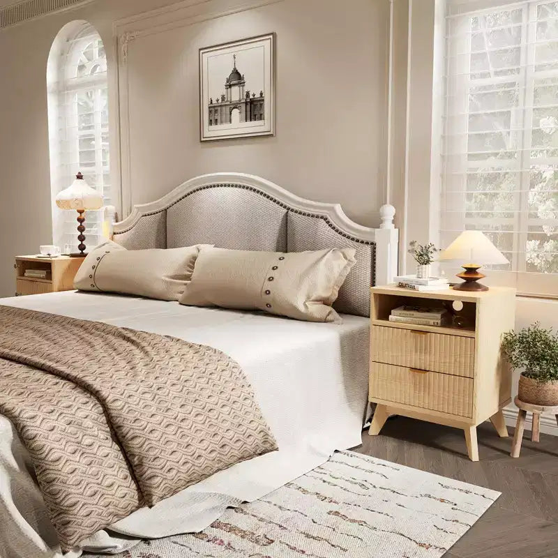 Modern Fluted Nightstand with USB Charging Station & Outlets, Wood Bedside Table with 2 Drawers and Open Shelf, End Table for Bedroom, Living Room