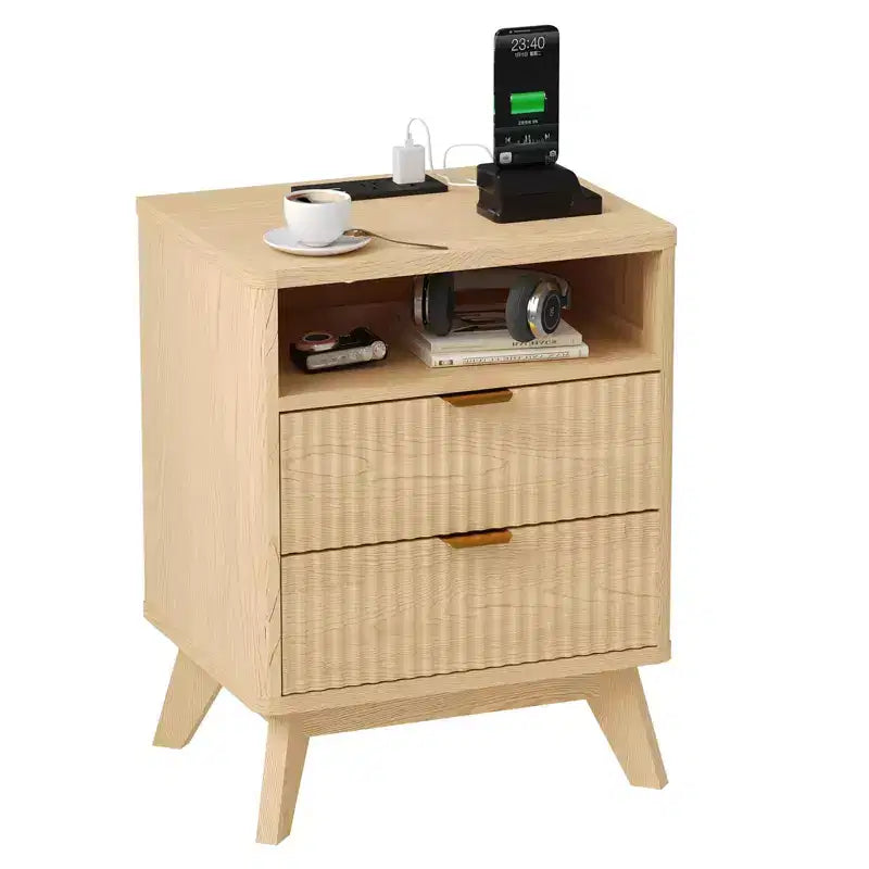 Modern Fluted Nightstand with USB Charging Station & Outlets, Wood Bedside Table with 2 Drawers and Open Shelf, End Table for Bedroom, Living Room