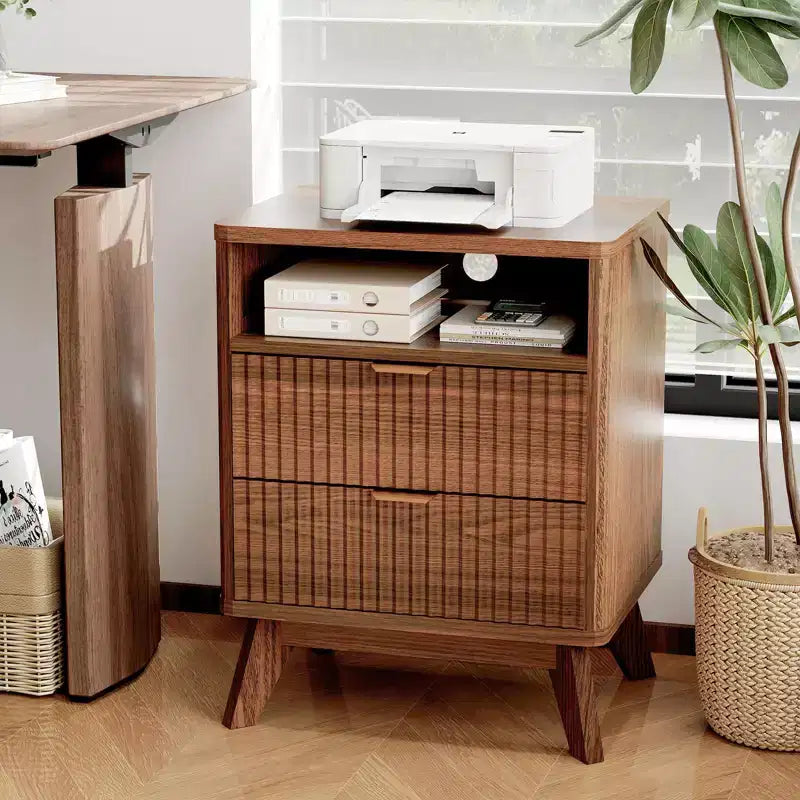 Modern Fluted Nightstand with USB Charging Station & Outlets, Wood Bedside Table with 2 Drawers and Open Shelf, End Table for Bedroom, Living Room