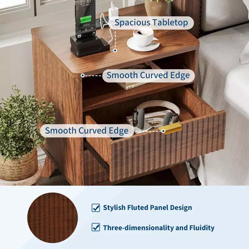 Modern Fluted Nightstand with USB Charging Station & Outlets, Wood Bedside Table with 2 Drawers and Open Shelf, End Table for Bedroom, Living Room