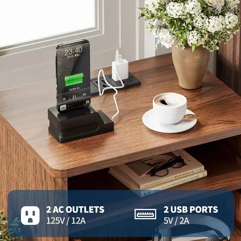 Modern Fluted Nightstand with USB Charging Station & Outlets, Wood Bedside Table with 2 Drawers and Open Shelf, End Table for Bedroom, Living Room
