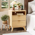 Modern Fluted Nightstand with USB Charging Station & Outlets, Wood Bedside Table with 2 Drawers and Open Shelf, End Table for Bedroom, Living Room