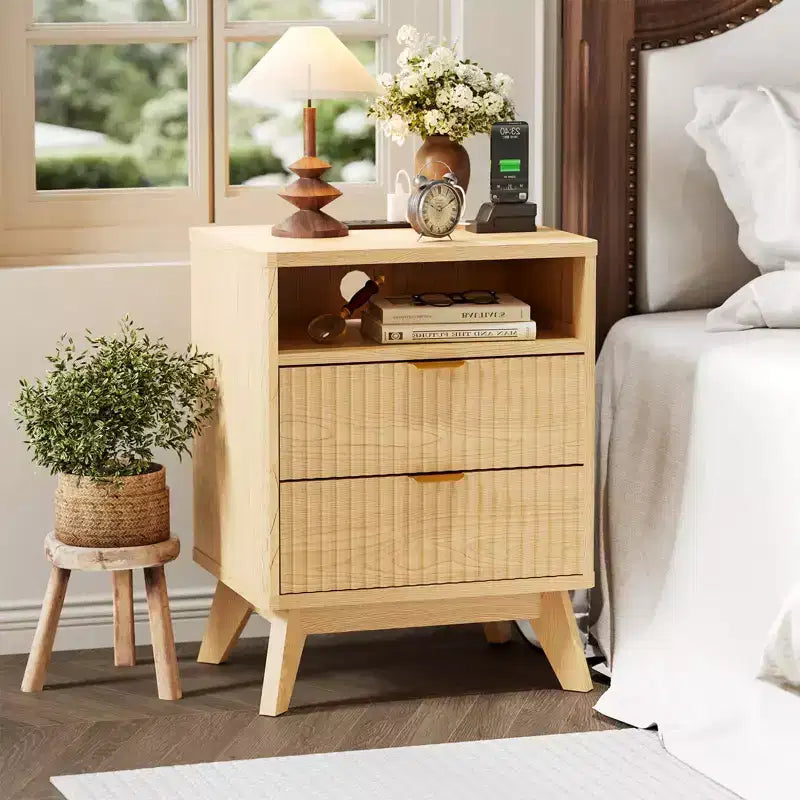 Modern Fluted Nightstand with USB Charging Station & Outlets, Wood Bedside Table with 2 Drawers and Open Shelf, End Table for Bedroom, Living Room