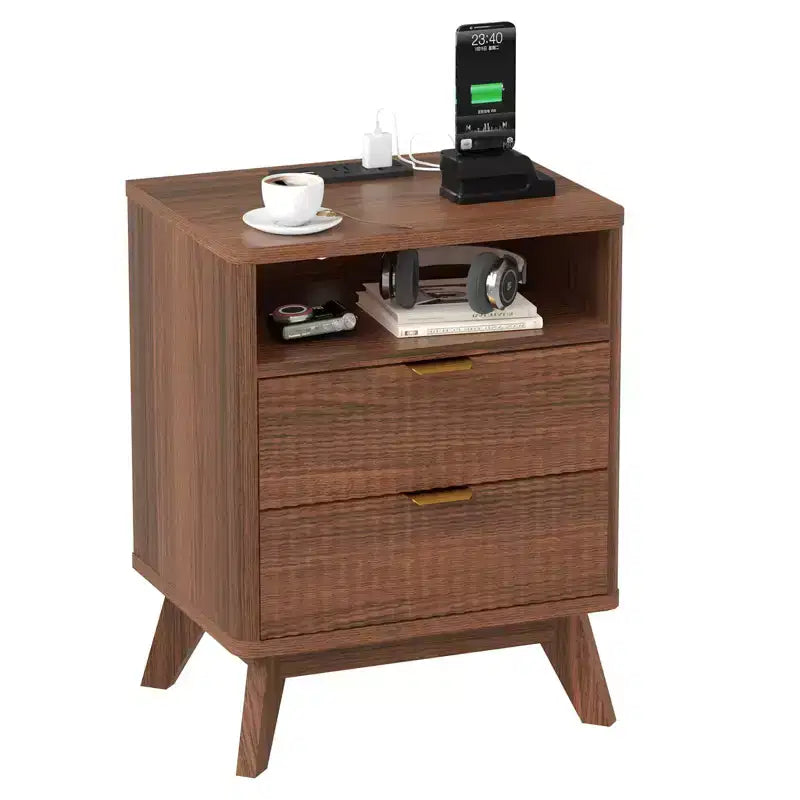 Modern Fluted Nightstand with USB Charging Station & Outlets, Wood Bedside Table with 2 Drawers and Open Shelf, End Table for Bedroom, Living Room