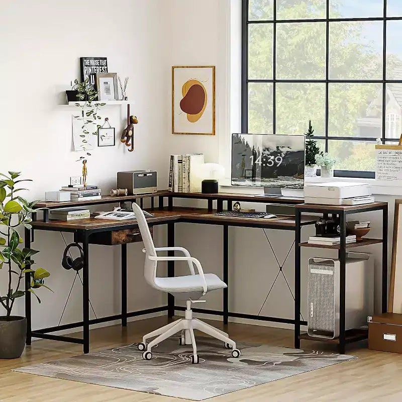 Convertible L-Shaped Desk with Drawer - Tiger Stripe Perfect for Home Office & Gaming Room