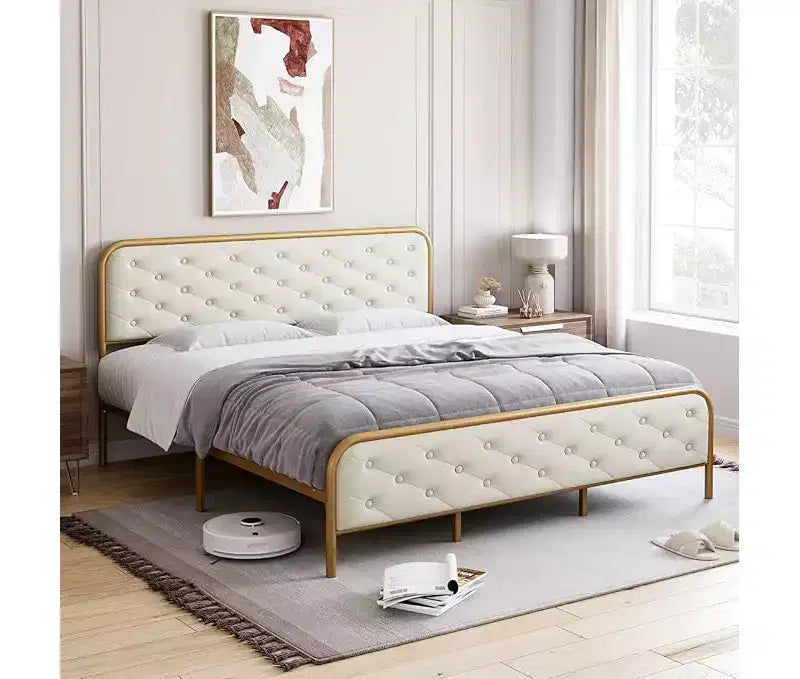 King Size Bed Frame with Premium Velvet Headboard & Footboard, Diamond Tufted Design, Heavy Duty Metal Frame, Solid Wood Slats, Noise-Free