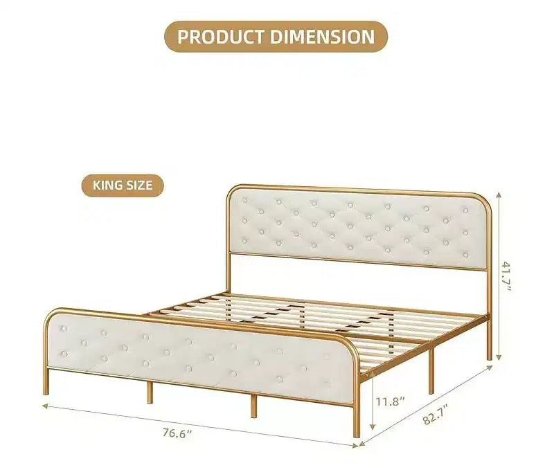 King Size Bed Frame with Premium Velvet Headboard & Footboard, Diamond Tufted Design, Heavy Duty Metal Frame, Solid Wood Slats, Noise-Free