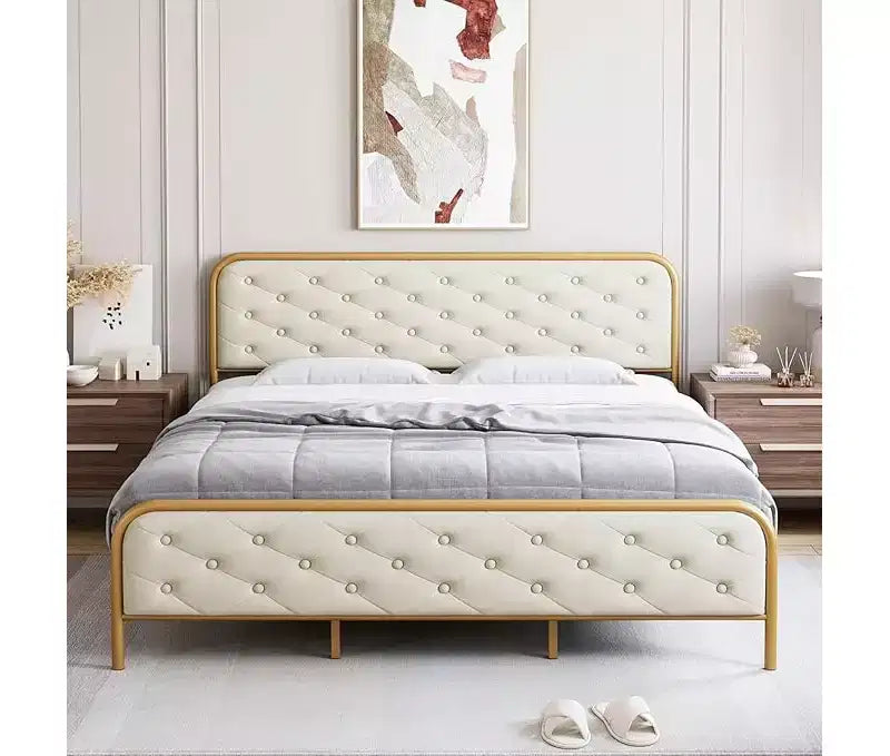 King Size Bed Frame with Premium Velvet Headboard & Footboard, Diamond Tufted Design, Heavy Duty Metal Frame, Solid Wood Slats, Noise-Free