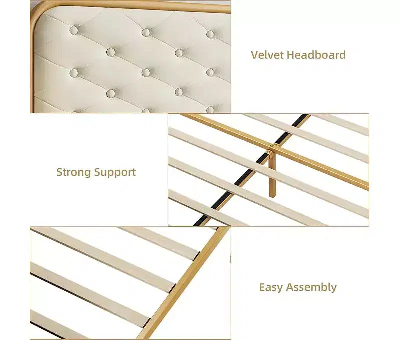 King Size Bed Frame with Premium Velvet Headboard & Footboard, Diamond Tufted Design, Heavy Duty Metal Frame, Solid Wood Slats, Noise-Free