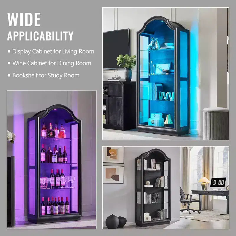 72 Arched Glass Display Cabinet, 4-Tier Display Curio Cabinet with 20 Color LED Lights, Modern Display Case Shelf for Living Room