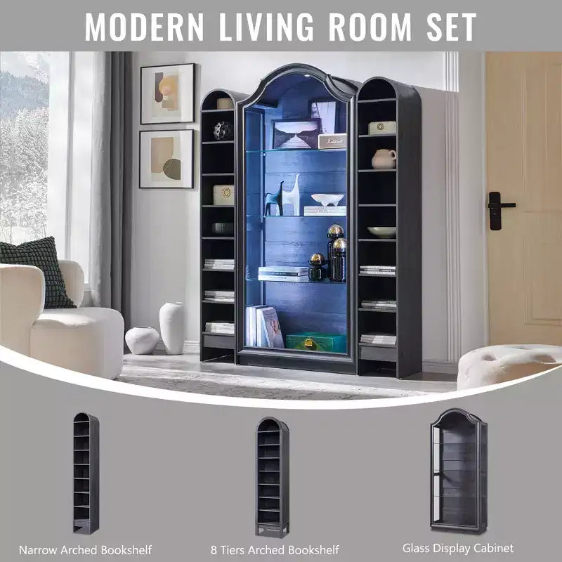 72 Arched Glass Display Cabinet, 4-Tier Display Curio Cabinet with 20 Color LED Lights, Modern Display Case Shelf for Living Room