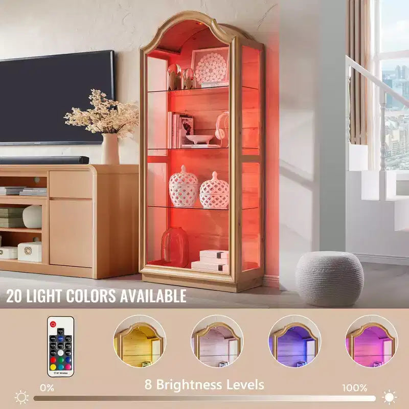 72 Arched Glass Display Cabinet, 4-Tier Display Curio Cabinet with 20 Color LED Lights, Modern Display Case Shelf for Living Room