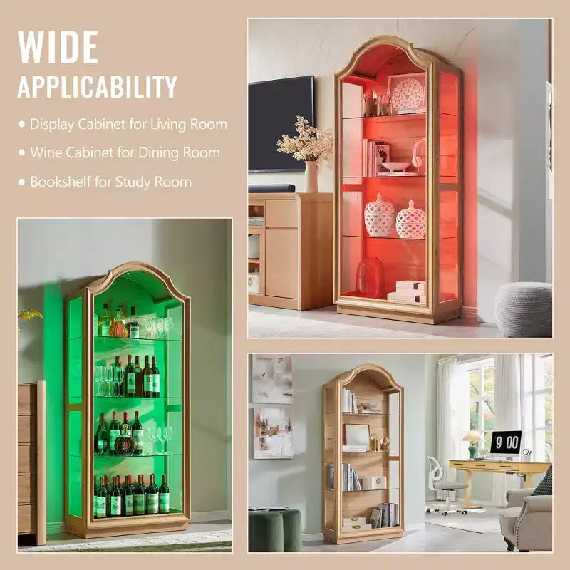 72 Arched Glass Display Cabinet, 4-Tier Display Curio Cabinet with 20 Color LED Lights, Modern Display Case Shelf for Living Room