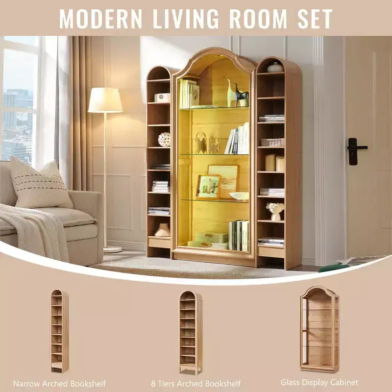 72 Arched Glass Display Cabinet, 4-Tier Display Curio Cabinet with 20 Color LED Lights, Modern Display Case Shelf for Living Room