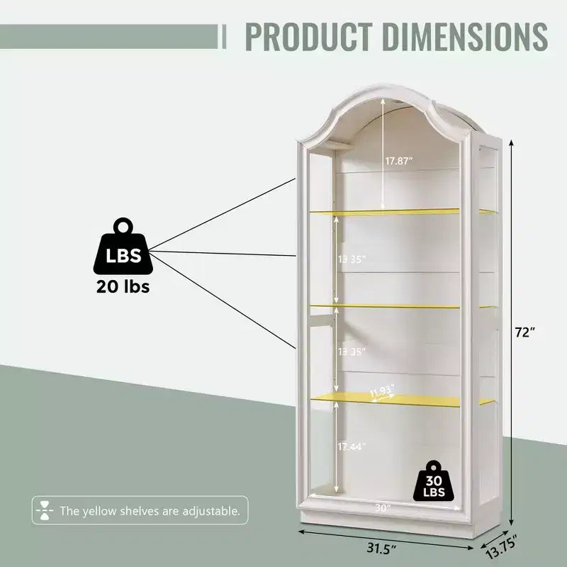 72 Arched Glass Display Cabinet, 4-Tier Display Curio Cabinet with 20 Color LED Lights, Modern Display Case Shelf for Living Room
