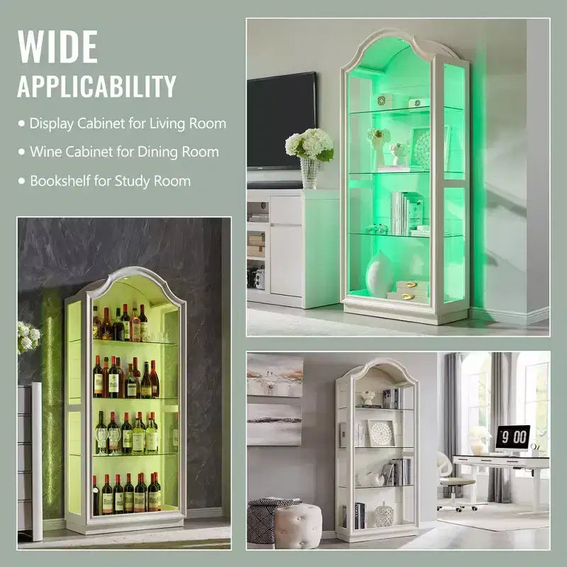 72 Arched Glass Display Cabinet, 4-Tier Display Curio Cabinet with 20 Color LED Lights, Modern Display Case Shelf for Living Room