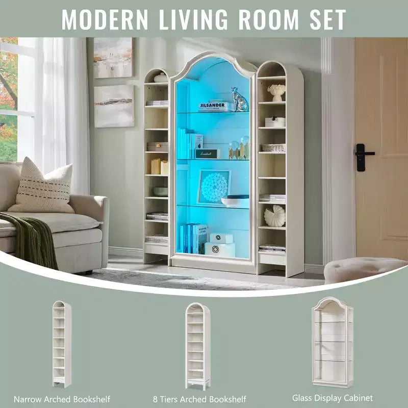 72 Arched Glass Display Cabinet, 4-Tier Display Curio Cabinet with 20 Color LED Lights, Modern Display Case Shelf for Living Room