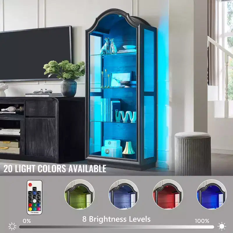 72 Arched Glass Display Cabinet, 4-Tier Display Curio Cabinet with 20 Color LED Lights, Modern Display Case Shelf for Living Room