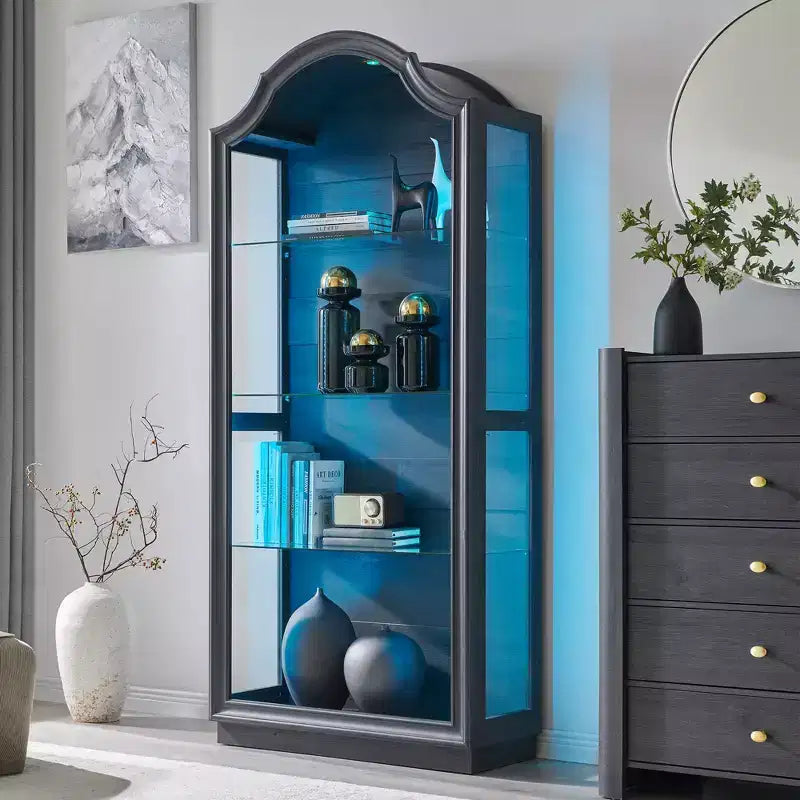 72 Arched Glass Display Cabinet, 4-Tier Display Curio Cabinet with 20 Color LED Lights, Modern Display Case Shelf for Living Room