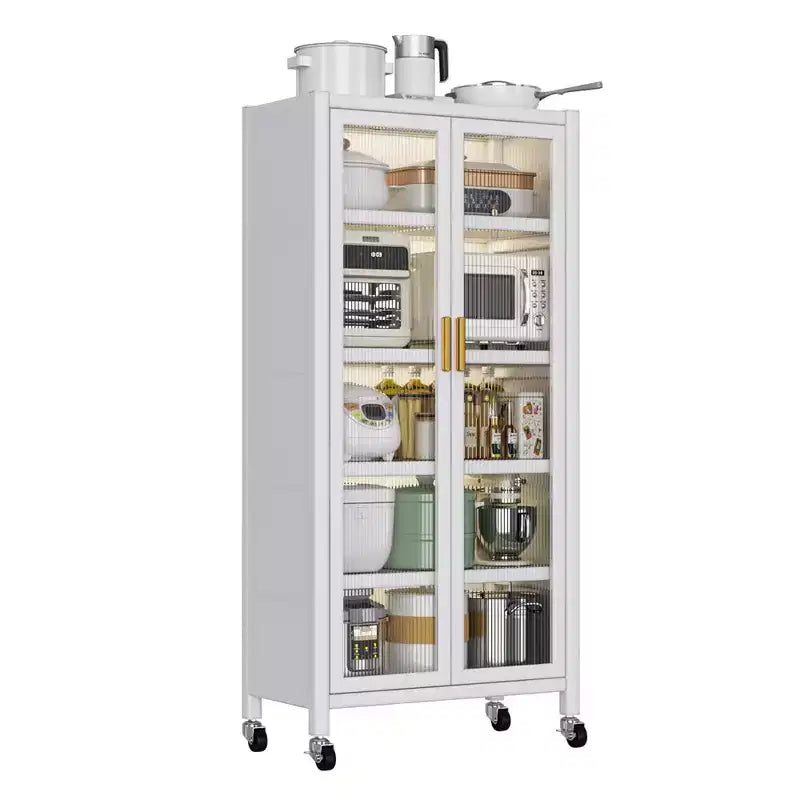 5 Tier Kitchen Pantry Cabinet with Wheels, Mobile Microwave Stand , Freestanding Kitchen Bakers Rack for Dining Room Office Laundry Room