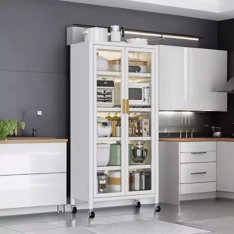 5 Tier Kitchen Pantry Cabinet with Wheels, Mobile Microwave Stand , Freestanding Kitchen Bakers Rack for Dining Room Office Laundry Room