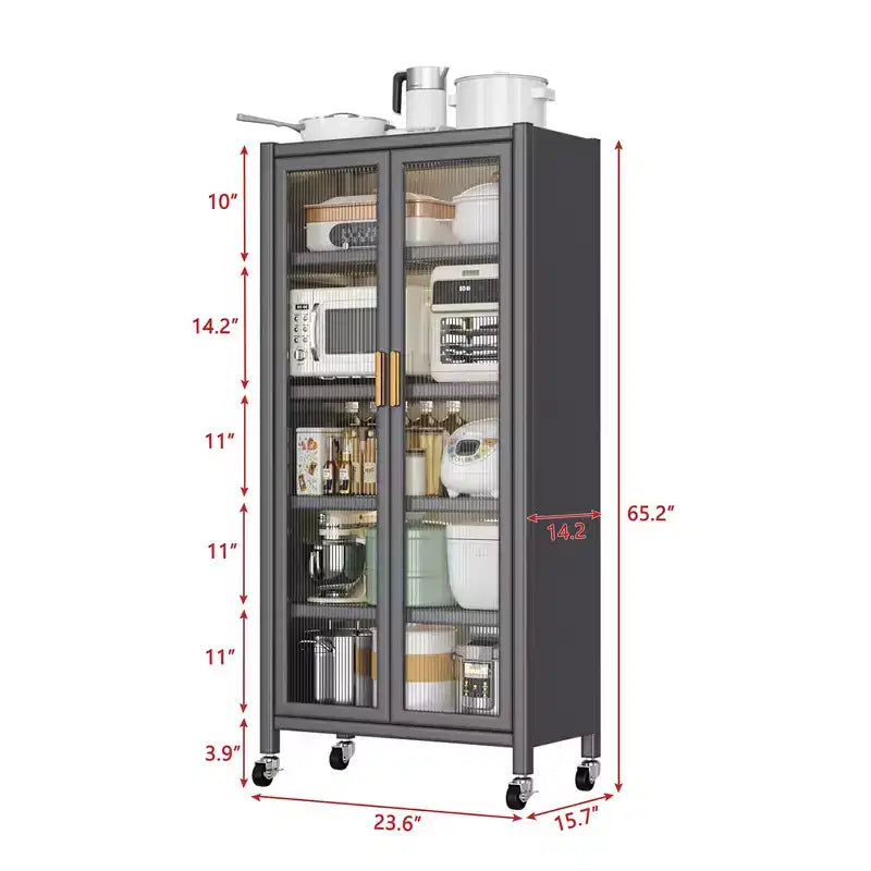 5 Tier Kitchen Pantry Cabinet with Wheels, Mobile Microwave Stand , Freestanding Kitchen Bakers Rack for Dining Room Office Laundry Room