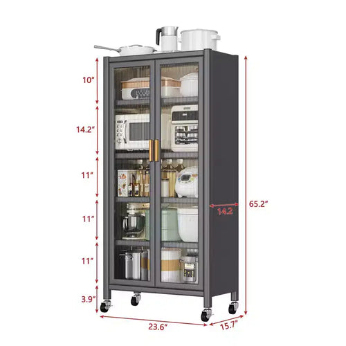 5 Tier Kitchen Pantry Cabinet with Wheels, Mobile Microwave Stand , Freestanding Kitchen Bakers Rack for Dining Room Office Laundry Room