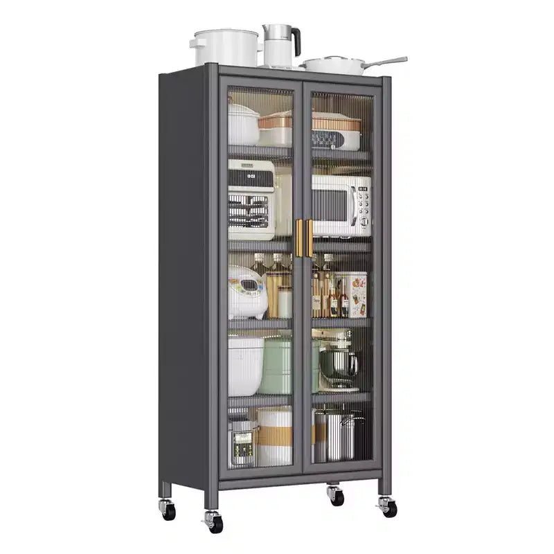 5 Tier Kitchen Pantry Cabinet with Wheels, Mobile Microwave Stand , Freestanding Kitchen Bakers Rack for Dining Room Office Laundry Room