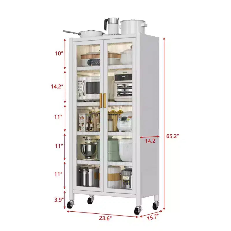 5 Tier Kitchen Pantry Cabinet with Wheels, Mobile Microwave Stand , Freestanding Kitchen Bakers Rack for Dining Room Office Laundry Room