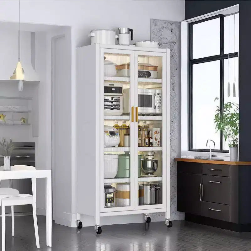 5 Tier Kitchen Pantry Cabinet with Wheels, Mobile Microwave Stand , Freestanding Kitchen Bakers Rack for Dining Room Office Laundry Room