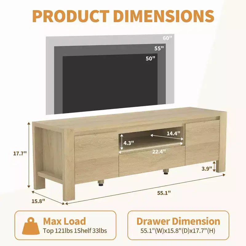 55 TV Stand with Doors and Cabinet, Farmhouse Entertainment Center, Entertainment Stand for TVs Up to 60, TV Console for Living Room, Bedroom