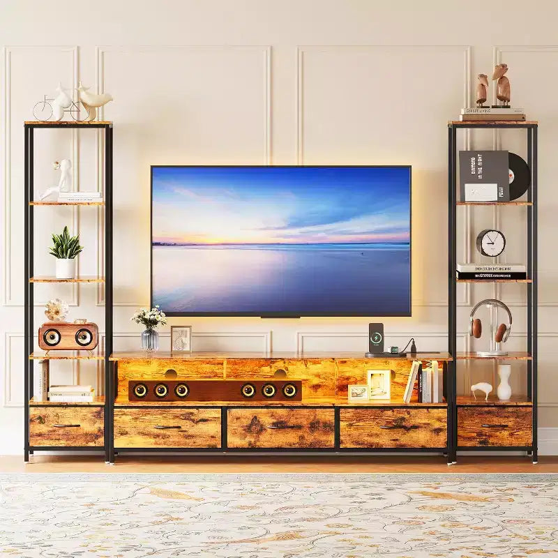 TV Stand for 70 Inch TVs with 5-Section Organizer, Modern Media Console with Fabric Drawers and Display Shelves, Multi-Functional Hub for Living Room