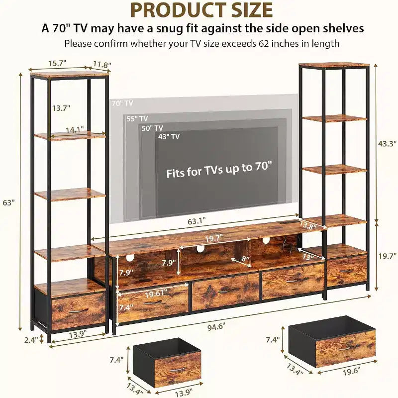 TV Stand for 70 Inch TVs with 5-Section Organizer, Modern Media Console with Fabric Drawers and Display Shelves, Multi-Functional Hub for Living Room