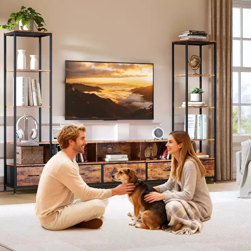 TV Stand for 70 Inch TVs with 5-Section Organizer, Modern Media Console with Fabric Drawers and Display Shelves, Multi-Functional Hub for Living Room