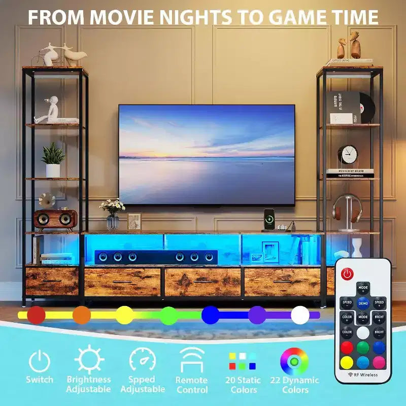 TV Stand for 70 Inch TVs with 5-Section Organizer, Modern Media Console with Fabric Drawers and Display Shelves, Multi-Functional Hub for Living Room