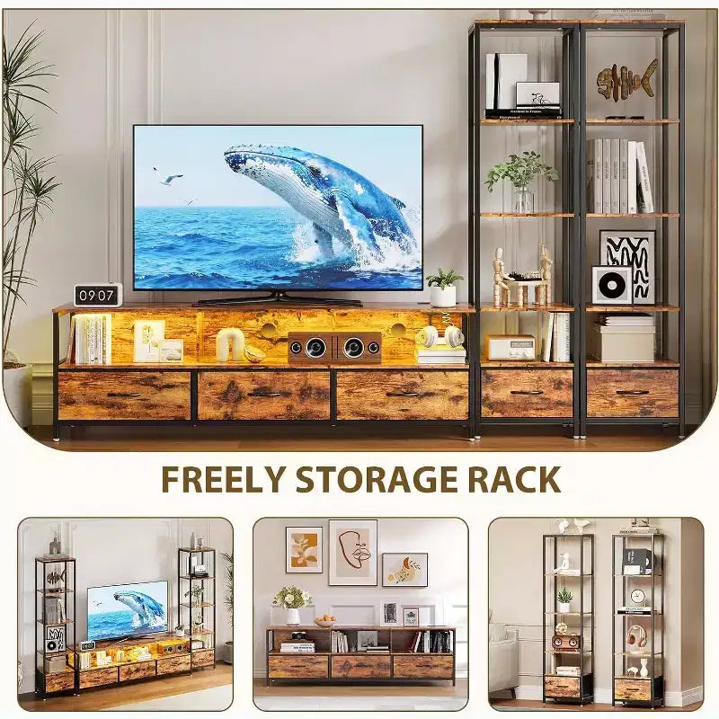 TV Stand for 70 Inch TVs with 5-Section Organizer, Modern Media Console with Fabric Drawers and Display Shelves, Multi-Functional Hub for Living Room