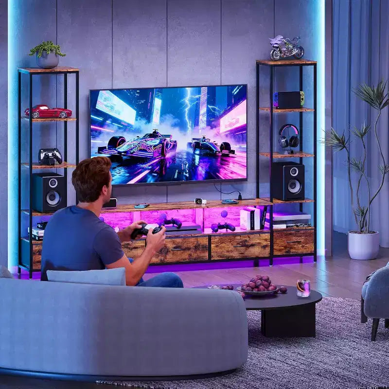 TV Stand for 70 Inch TVs with 5-Section Organizer, Modern Media Console with Fabric Drawers and Display Shelves, Multi-Functional Hub for Living Room