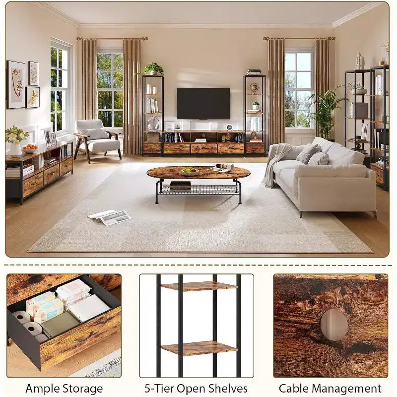 TV Stand for 70 Inch TVs with 5-Section Organizer, Modern Media Console with Fabric Drawers and Display Shelves, Multi-Functional Hub for Living Room