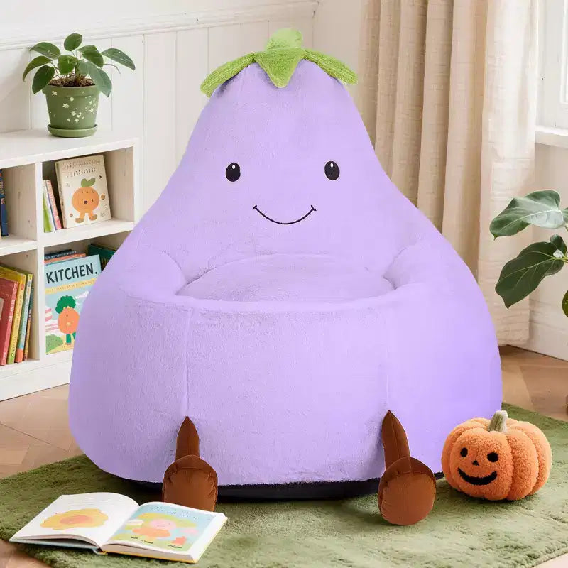 Okak 24/31in Eggplant Shaped Kids Bean Bag Chair, Gaming Bean Bag Chairs with Faux Rabbit Fur for Teens, Comfy Floor Chair for Living Room