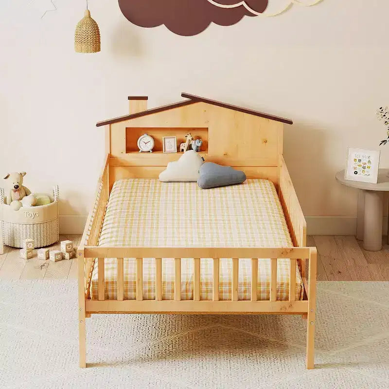 TUYOHW Kids Bed Frame with Storage & Safety Guardrail,Twin Size Natural Solid Wood Bed with Curved Edge,350lbs Capacity,Natural Brown