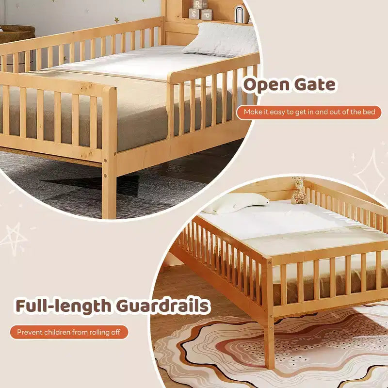 TUYOHW Kids Bed Frame with Storage & Safety Guardrail,Twin Size Natural Solid Wood Bed with Curved Edge,350lbs Capacity,Natural Brown