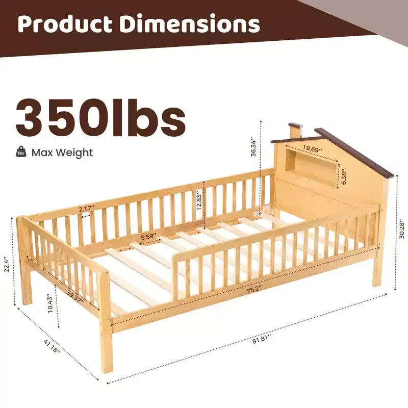 TUYOHW Kids Bed Frame with Storage & Safety Guardrail,Twin Size Natural Solid Wood Bed with Curved Edge,350lbs Capacity,Natural Brown