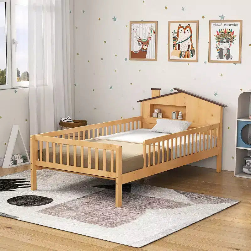 TUYOHW Kids Bed Frame with Storage & Safety Guardrail,Twin Size Natural Solid Wood Bed with Curved Edge,350lbs Capacity,Natural Brown