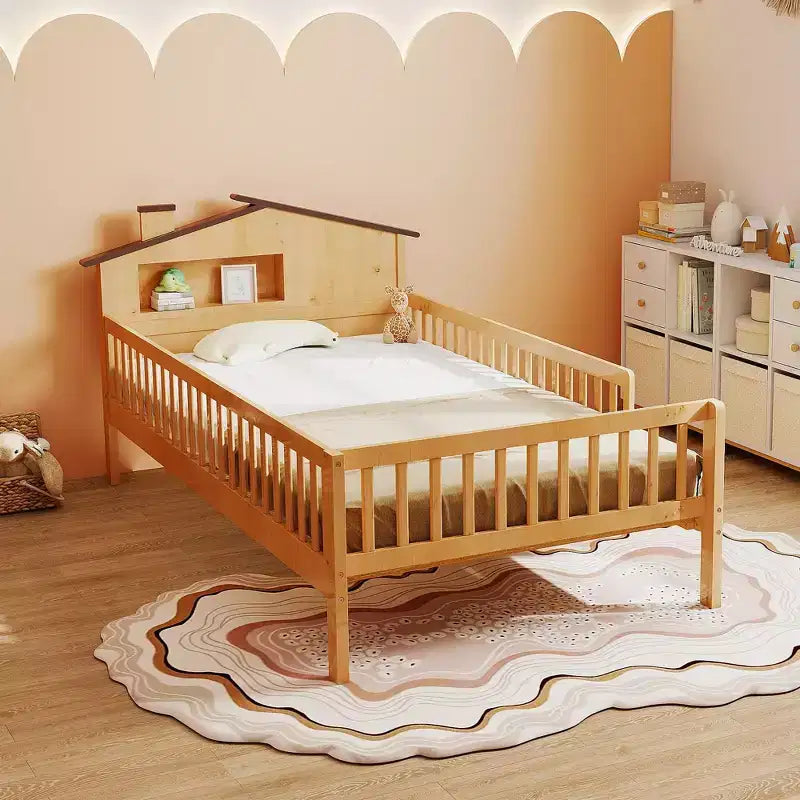 TUYOHW Kids Bed Frame with Storage & Safety Guardrail,Twin Size Natural Solid Wood Bed with Curved Edge,350lbs Capacity,Natural Brown