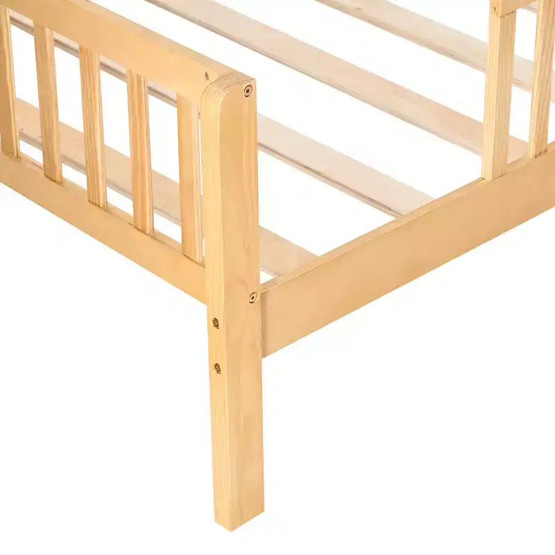 TUYOHW Kids Bed Frame with Storage & Safety Guardrail,Twin Size Natural Solid Wood Bed with Curved Edge,350lbs Capacity,Natural Brown