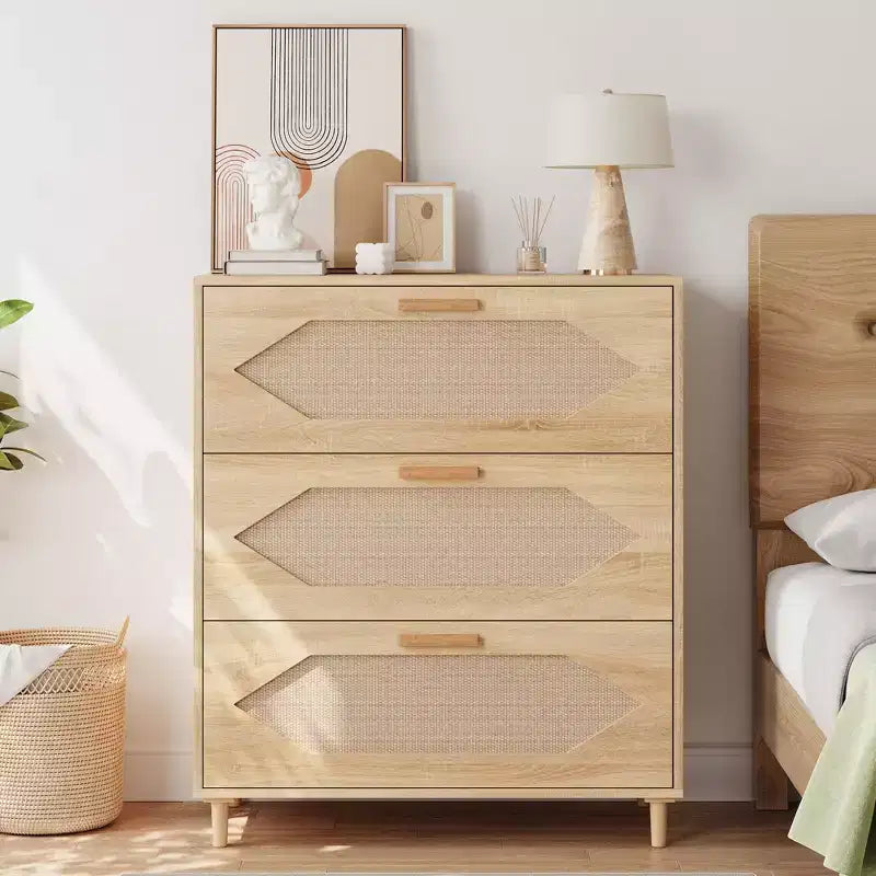 3 Drawer Dresser for Bedroom, 31.5 Wide Rattan Modern Closet Dressers Chest of Drawers, Wood Oak Storage Chest for Bedroom, Hallway, Living Room