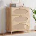 3 Drawer Dresser for Bedroom, 31.5 Wide Rattan Modern Closet Dressers Chest of Drawers, Wood Oak Storage Chest for Bedroom, Hallway, Living Room