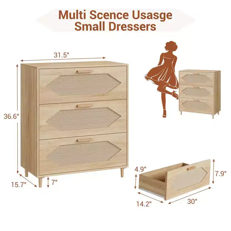 3 Drawer Dresser for Bedroom, 31.5 Wide Rattan Modern Closet Dressers Chest of Drawers, Wood Oak Storage Chest for Bedroom, Hallway, Living Room