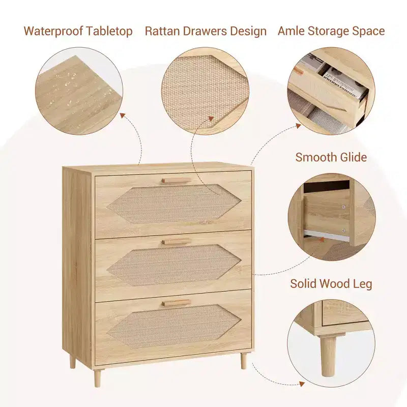 3 Drawer Dresser for Bedroom, 31.5 Wide Rattan Modern Closet Dressers Chest of Drawers, Wood Oak Storage Chest for Bedroom, Hallway, Living Room