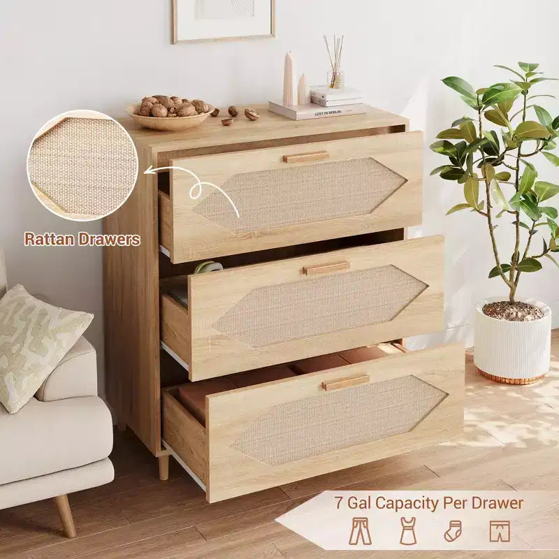 3 Drawer Dresser for Bedroom, 31.5 Wide Rattan Modern Closet Dressers Chest of Drawers, Wood Oak Storage Chest for Bedroom, Hallway, Living Room